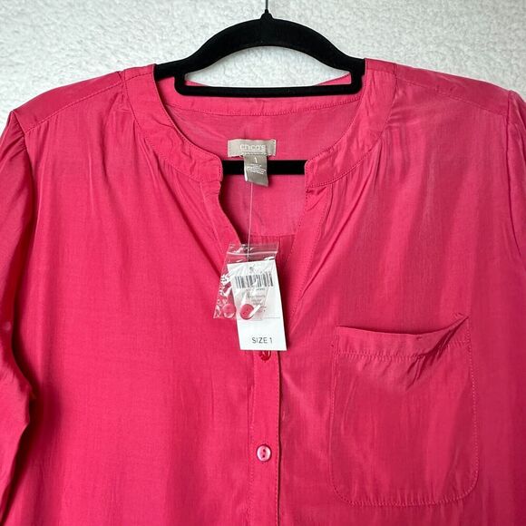 2/$30 Chicos Pink Button Up Tunic Top Size M Roll Tab Office Classic Barbiecore - Picture 7 of 9